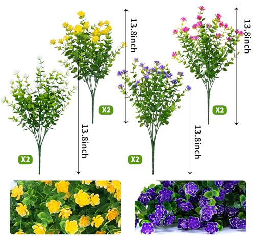 8 Bundles Outdoor Artificial Fake Flowers UV Resistant No Fade Boxwood Faux Plastic Shrubs Plants for Garden Patio Porch Window Box Home Wedding Farmhouse Hanging Décor - color: Mix Colors