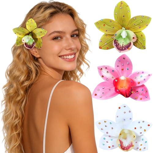 Mesovor 3 Pack Hawaiian Flower Hair Clips, Artificial Tropical Flower Orchid Hair Pin | Rhinestone Hairpins Hair Accessories for Wedding Bridal Beach Party (Pink Orchid) - color: Pink Orchid