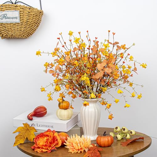Artificial Fall Flowers with Berries 12 Pack Fall Floral Picks 17 Inch Orange Berry Stems with Orange Flowers Eucalyptus Leaves for Autumn Harvest Thanksgiving Day Flower Arrangements