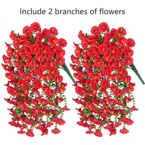 Artificial Faux Hanging Flowers Plants for Outdoor Decor,2 PCS Fake Silk Morning Glory with Eucalyptus Greenery UV Resistant Realistic Vines for Wall Home Porch Patio Balcony Yard Indoor Decor, Red - color: Red