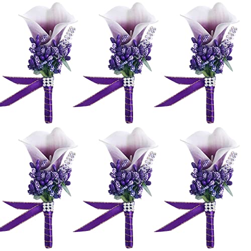 Calla Lily Boutonniere Men Wedding with Pins Set of 6, Handmade Picasso Calla Lily Groom Groomsman Boutonniere for Wedding Ceremony Anniversary (Purple) - color: Calla Lily- Purple, size: 6 Packs