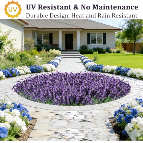 Artificial Lavender, 16 Bundles, Purple, Faux Flowers | UV Resistant, For Outdoors, Garden Porch Patio Window, Hanging Planter, Realistic