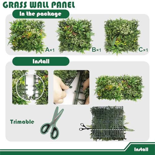20"x20" Artificial Grass Wall Panels, 1Set (Contain 3 Pieces) Greenery Backdrop Fake Grass Decor, Faux Boxwood Panels for Interior Wall Décor, Outdoor Patio Privacy Ivy Fence Screen - size: 20"x20"