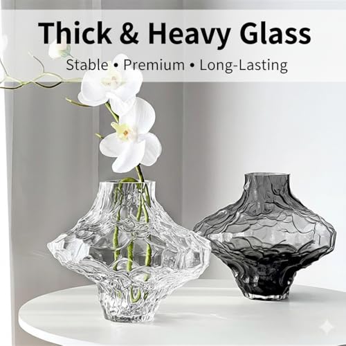 1.7 lbs Heavy Duty Glass Vases for Flowers, 6.5 Inch Small Vase with Weighted Base to Prevent Tipping, Modern Wavy Groove Decorative Glass Vase for Table Centerpiece, Bookshelf, Home Decor (Clear) - color: Clear