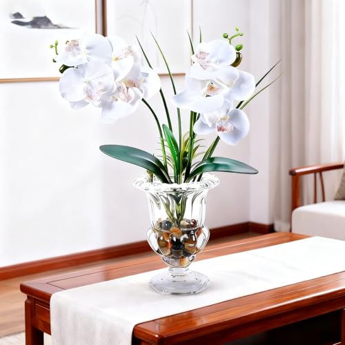 Jusdreen Artificial Orchid Centerpiece with Glass Vase, 14.5 Inch Lifelike Phalaenopsis Bonsai for Home Office Table Decor, White Orchid Arrangement with Potting - color: Wine Glass-white