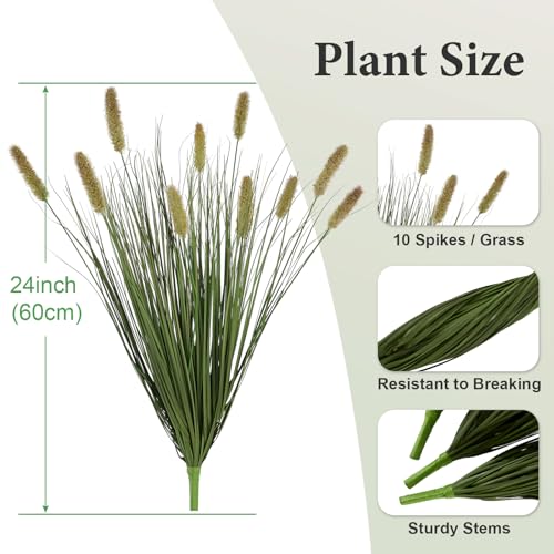 24 inches Extra Lush Artificial Reed Grass (6pcs), Luxury Fake Plants with 10 Heads Dogtail Flower, Luxury Faux Greenery with Dogtail for Garden Porch and Home Decor (Green-10) - color: Green-10, size: 24 inches