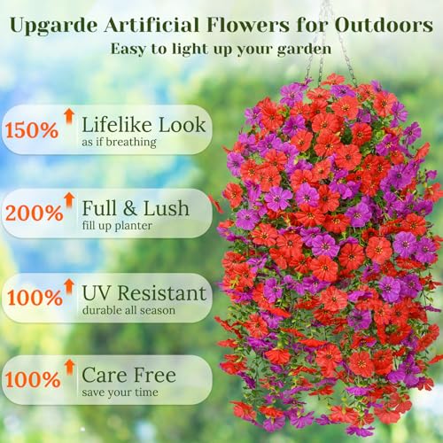 Dolicer 2 Pcs Look Real Artificial Flowers for Outdoors, Realistic Fake Artificial Hanging Flowers for Outdoors UV Resistant Silk Faux Hanging Plants Flowers for Porch Patio Garden (Purple+Red) - color: Purple+red, size: 2 Pcs