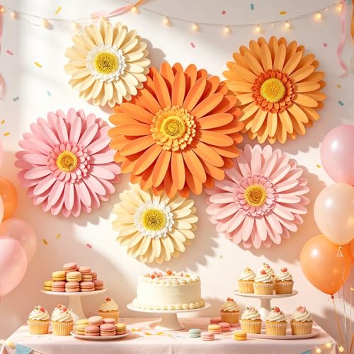 Daisy Paper Flowers Wall Decor 3D Orange Pink Large Flowers Bulletin Board Decoration Spring Garden Groovy Birthday Decorations for Women Girls Baby Shower Classroom Office Boho Nursery Wall Decor - color: Orange Pink Cream