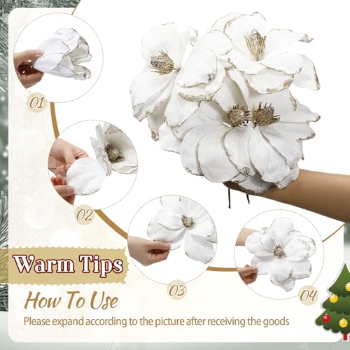 18 Pcs Large Velvet Christmas Poinsettia Magnolia Flowers Ornaments Glitter Big Heads Artificial Magnolia Flowers for Decoration Wedding Decor Supplies(White) - color: White