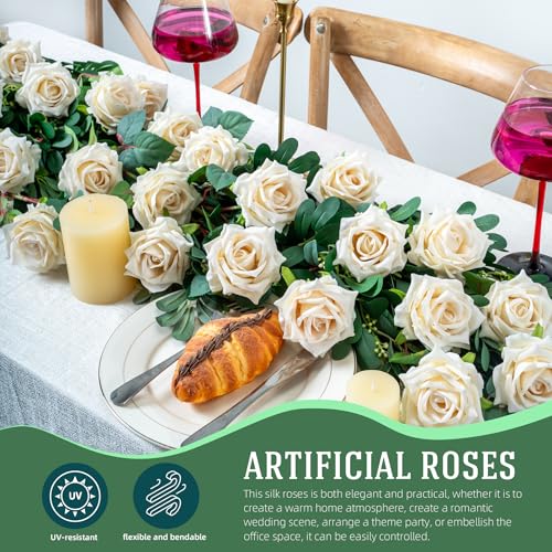 Ttranewsoo Fake Roses Faux Flowers 12PCS Silk Roses Artificial Roses with Stems Realistic Artificial Flowers Suitable for Indoor Home Decoration DIY Bouquet Wedding Decor Party Decor 16.5In (White) - color: White 12pcs