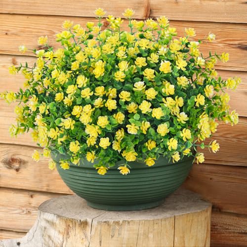 Bassion Artificial Flowers for Outdoors Decoration UV Resistant Faux Flowers Fake Plastic Plants Shrubs for Indoor Outside Garden Porch Hanging Planter Window Box Home Decor (Yellow) - color: Yellow