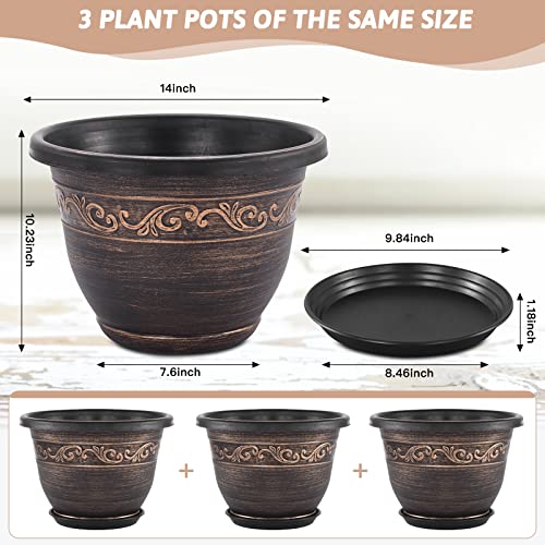 Plastic-Plant-Flower-Planters-14 Inch With Drainage Hole & Saucer, 3 Packs Lightweight Large Resin Flower Pot Indoor Outdoor, Retro Antique Imitation Decorative Garden Containers Sets For Houseplants - color: 3 Pack-14 Inch