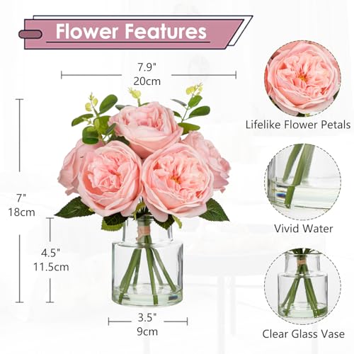 Hollyone Real Touch Peonies Artificial Flowers Arrangements in Vase Pink Fake Peonies with Glass Vase Silk David Austin Roses Faux Flowers with Faux Water Bouquet Table Floral Centerpiece Home Decor - color: Pink