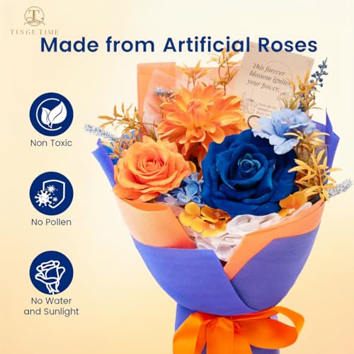 TINGE TIME Preserved Flowers Bouquet, Orange & Navy Blue Roses Gift Bouquet, Eternal Roses Bouquet for Wedding, Table Centerpieces, Mothers Day, Birthday Gifts, Anniversary, Graduation - color: Brunt Orange&Royal Blue