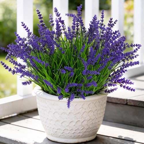 18 Pack Purple Artificial Lavender Flowers, UV Resistant Outdoor Faux Plants - Realistic Fake Greenery Stems for Outdoor Decor, Garden Arrangements Planters Decoration (Purple - color: Purple-18