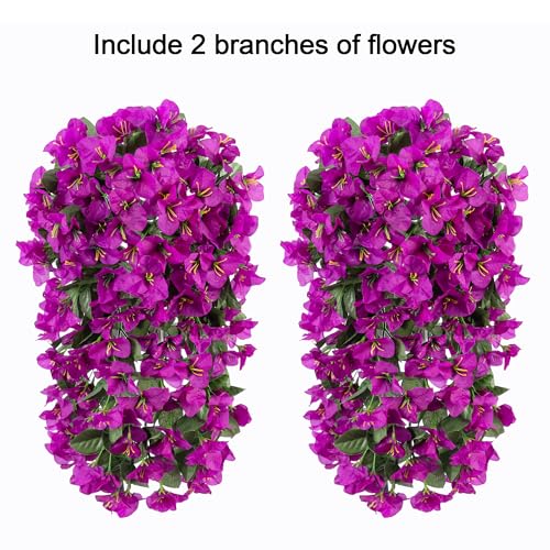 HyeFlora Bougainvillea Artificial Hanging Flowers Plants for Outdoors Decoration, 2pcs Purple Fake Flowers Silk Bougainvillea Vines Realistic UV Resistant Faux Flowers for Outdoor Planters Patio Urn - color: Purple
