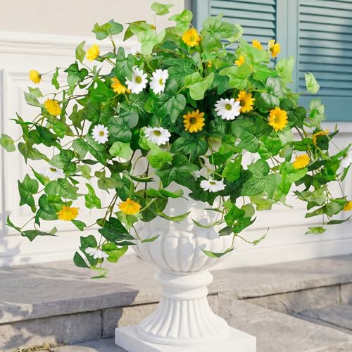 Krissing 3 Pcs Artificial Flowers for Outdoors UV Resistant, Faux Greenery Plants with Daisy Flowers for Outside Planters Garden Porch Window Box Home Decor (Yellow, White) - color: Yellow+white, size: 3