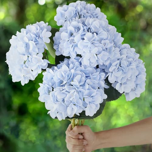 PARTY JOY 5PCS 15.4In Artificial Hydrangea Silk Flowers Bouquet Faux Hydrangea Stems for Wedding Centerpieces Home Decor (Light Blue) - color: Lblue