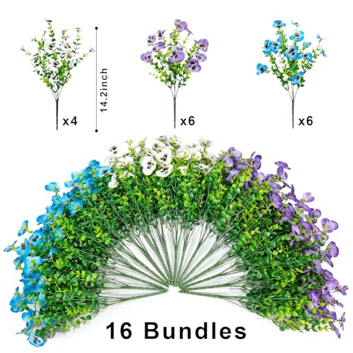 16 Bundles Artificial Fake Pansies Flowers for Outdoors Silk Colorful Pansy UV Resistant Faux Plastic Plants for Outside Planter Front Door Porch Yard Patio Garden Decor (Blue Purple White) - color: Blue Purple White