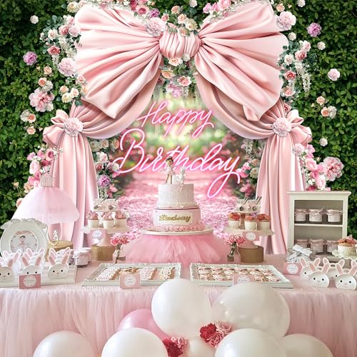 Riyidecor Happy Birthday Backdrop Polyester Fabric Pink Bow Floral Green Leaves Botanical Plant Nature Blossom Neon Flower Wall 7Wx5H Feet Girls Photography Background Birthday Photo Studio Shoot - color: A-Green a Bow, size: 7Wx5H