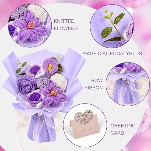 Knitted Flower Bouquet, Crochet Tulip Rose Calla Lily Flowers Bouquet for Mother's Day, Anniversary, Birthday, Home Décor, Gifts for Mom, Grandmother, Teachers, Friends, Purple - color: Purple
