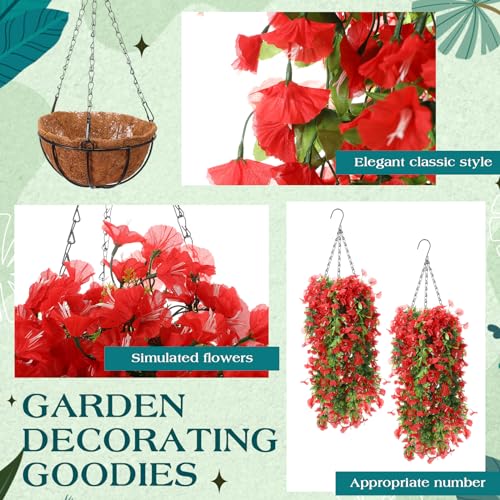 Hotop 2 Set Artificial Flowers with Hanging Basket Includes 6 Pcs Morning Glory Vines Faux Outdoor Hanging Plants Waterproof UV Resistant Fake Flowers for Patio Spring Summer Decor(Red) - color: Red