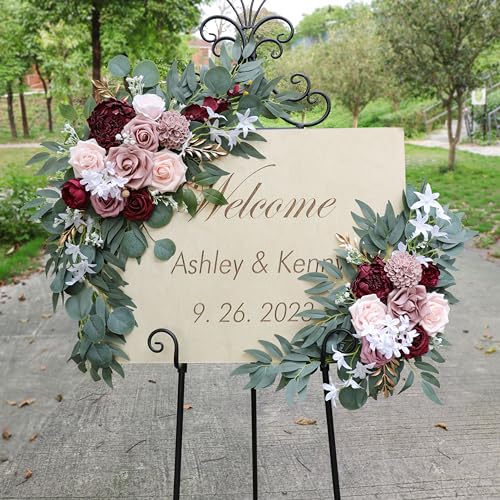 Ponatia Wedding Arch - Artificial Burgundy & Dusty Rose & Blush Flowers (Pack of 2) for Wedding Welcome Signs, Ceremony & Reception - color: Burgundy & Dusty Rose & Blush