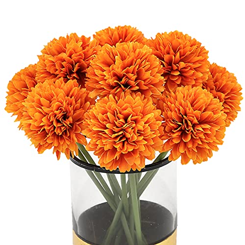 10Pcs Artificial Fake Flower Plants Silk Chrysanthemum Ball Hydrangea Arrangements Wedding Bouquets Decor Home Kitchen Garden Party Table Floral Centerpieces DIY (Orange) - color: Orange