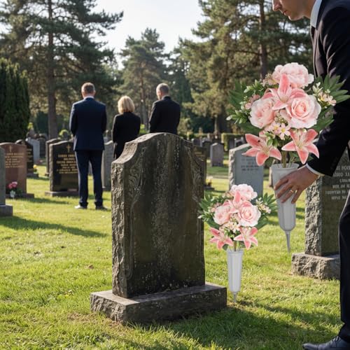 2Sets Artificial Cemetery Flowers with Cemetery Vase Pink Artificial Rose Lily Graveyard Memorial Bouquets for Memorial Day Outdoor Grave Cemetery Headstones Decorations (Pink) - color: Pink