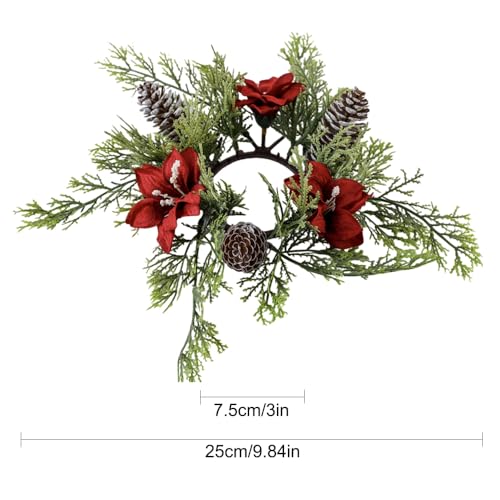 Christmas Candle Rings Xmas Small Wreath for Pillars Artificial Red Flowers Pine Cone Candle Rings 9.8” Rustic Gift Farmhouse Table Centerpiece Home Winter Decor