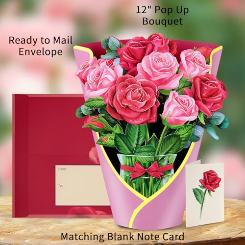 Airpark Pop Up Flower Bouquet Card for Women, 3D Floral Greeting Card with Envelope and Note, Birthday Thank You Thinking of You Get Well Gift for Mom Friend Wife Teacher, Rose - style: Red and Pink Roses