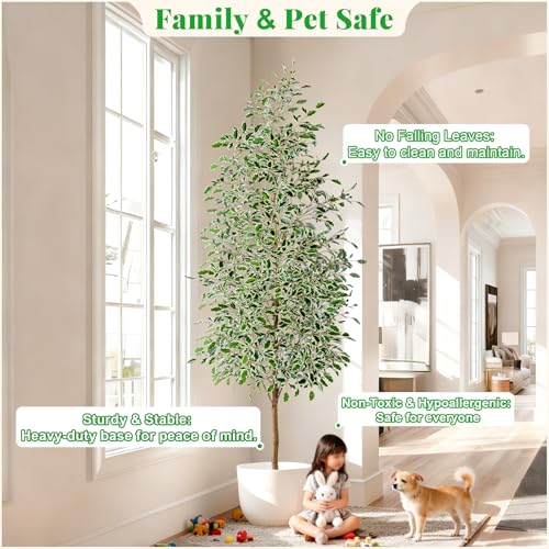 Bailikang 8FT Artificial Ficus Trees Indoor Faux Trees Indoor Fake Floor Plants Tall Artificial Tree with White Pot Faux Tree Fake Indoor Tree Silk Plants Artificial Trees for Home Decor Indoor - color: White Leaf With White Pot, size: 8ft