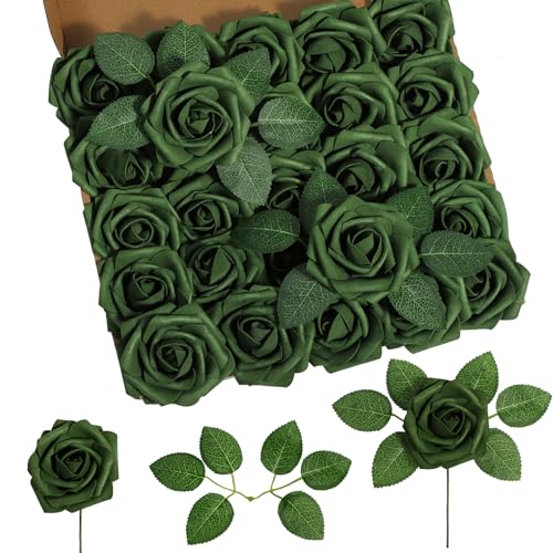DuHouse 25Pcs Artificial Roses Flowers Fake Rose with Stems Real Touch Foam Flowers for DIY Wedding Bouquet Party Centerpiece Floral Arrangement Party Home Decor(Army Green) - color: Army Green, size: 25pcs