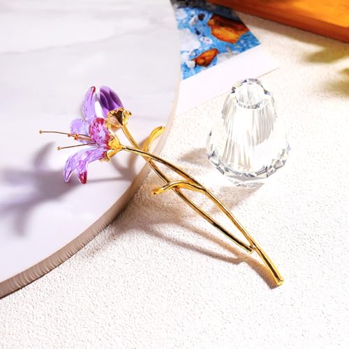 YWHL Purple Lily Flower Gifts for Women, Handmade Crystal Lily Flower Figurine Collectible with Vase, Home Wedding Party Decor - color: Purple