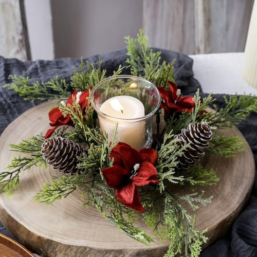 Christmas Candle Rings Xmas Small Wreath for Pillars Artificial Red Flowers Pine Cone Candle Rings 9.8” Rustic Gift Farmhouse Table Centerpiece Home Winter Decor