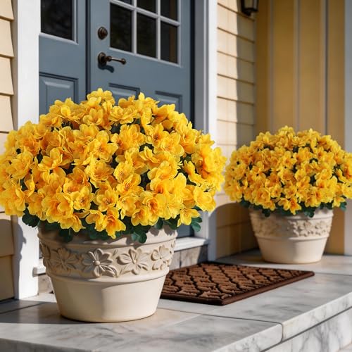 16 Bundles Artificial Flowers for Front Door, Fake Silk Azalea Bouquet Silk Flowers for Outside UV Resistant Realistic Faux Plants for Planter Farmhouse Patio Garden Walkways Home Decor (Yellow) - color: Yellow