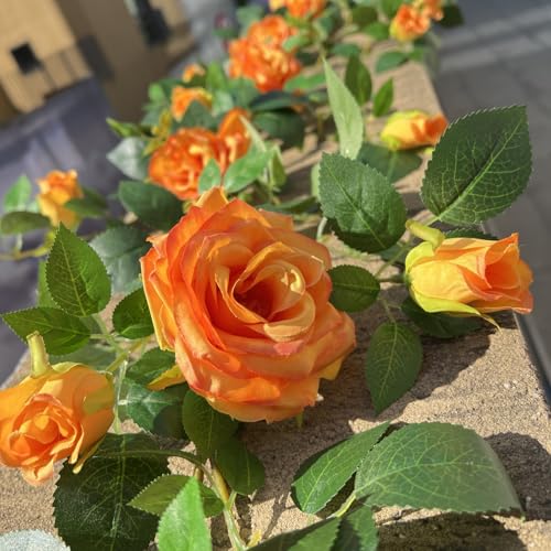 5.9FT Bendable Rose Flower Garlands, Artificial Silk Wild Roses Vine Hanging Flowers for Wall Fireplace Fence Trellis Wedding Baby Shower Home Spring Decor(Orange,2PC) - color: Orange, size: 2