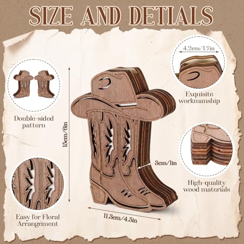 LemonRoad 6 Pcs Wooden Cowboy Boot Vases for Wedding Small Cowboy Boot Hat Flower Vase for Flower Faux Greenery Rustic Western Decor for Table Centerpiece Weddings Party - color: Brown, size: Boot with Hat