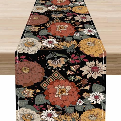 Boho Floral Table Runner,Spring Summer Vintage Flowers Mid Century Morden Home Decor for Home Kitchen Dining Patio Holiday Party Indoor Outdoor Table Decorations,13 x 72 Inches