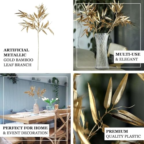 Efavormart 2 Pack 33 inch Shiny Metallic Gold Artificial Bamboo Leaf Branches, Faux Tropical Plant Stems for Zen-Luxe Decor and Event Floral Arrangements - color: Type14