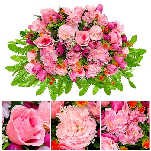FLOWERIA Sympathy Flower for Headstone - Artificial Tulips Roses Grave Flowers for Cemetery Easy Fit Outdoor Decoration - color: Pink, size: Saddle
