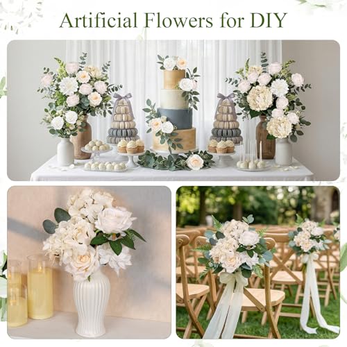 80Pcs Artificial Flowers Combo, Champagne Fake Silk Flowers Decor with Stems for DIY Roses Wedding Party Centerpieces Bridal Bouquets Cake Decorations Arrangements Indoor Outdoor - color: Champagne