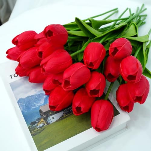 20pcs Red Tulips PU Artificial Tulips13 Inch for Mother's Day Easter Gifts in Home Kitchen Wedding Dining Table Decorations - color: Red