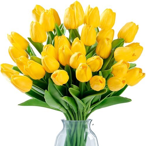 Sggvecsy 30 Pcs Fake Tulips Artificial Flowers Real Touch PU Faux Flowers Tulip Stems for Wedding Spring Bouquet Floral Arrangement Home Party Office Decorations for Mother's Day (Dark Yellow) - color: Dark Yellow, size: 30 Pcs