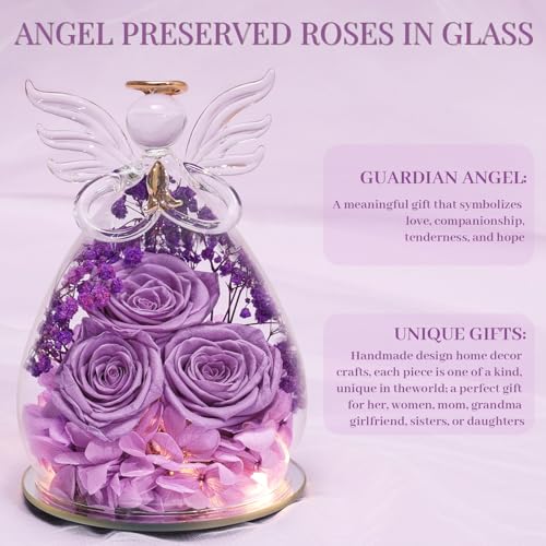 Beferr Gifts for Mom Birthday Gifts for Women, Fresh Flowers for Delivery Forever Preserved Rose in Glass Angel Figurine, Anniversary Christian Real Rose for Grandma Wife Mother from Daughter Son - color: H Lavender Purple