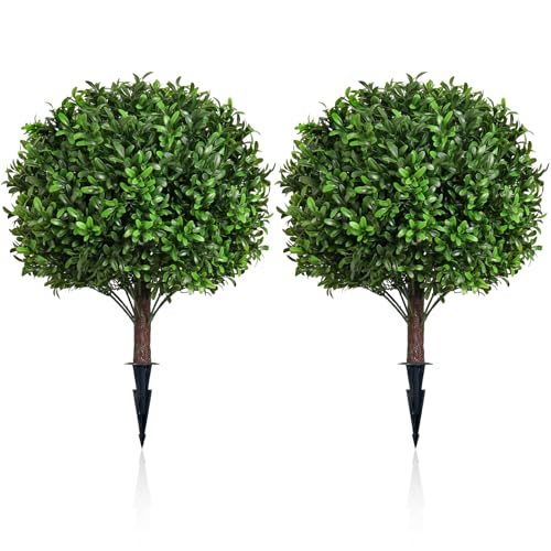 24" Artificial Olive Leaf Topiary Ball Tree Set of 2, UV & Fade Resistant Faux Evergreen Shrubs, Fake Plants for Indoor Outdoor Front Porch Garden Decoration - color: Olive