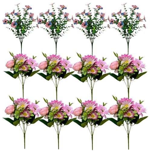 8 Faux Silk Peonies with 4 Free Silver Dollar Eucalyptus Stems, Multi-Color Floral Decor for Home, Courtyard, Wedding & Hotel (Pink, 12) - color: 8xiangrikuipink+4anshuye, size: 12 pack