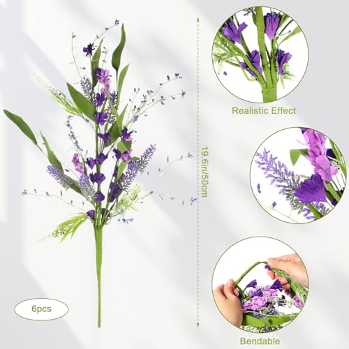 Giegxin 6 Bundles Fake Artificial Flowers Bouquet Spring Silk Flowers Arrangements Faux Wildflowers Bouquets Stems Fake Plants for Wedding Table Centerpiece Rustic Home Vase Floral Table(Lavender) - style: Lavender
