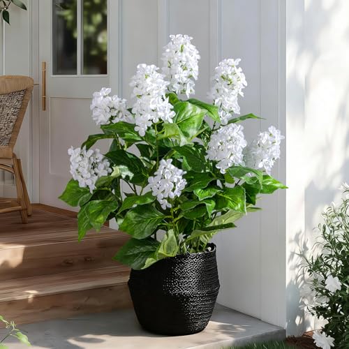 2 Pack Large Faux Hydrangea Plants UV Resistant Fake Plastic plantas Flowers Trees Indoor Outdoor Realistic Floor Plants Artificial Tree for Home Porch Garden Office Porch Patio Front Bonsai Decor - color: 9 Heads, size: 26 IN White