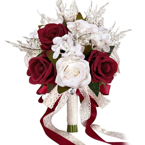 9 Inch Burgundy Wedding Bouquets for Bride Bridesmaid, Dark Red White Champagne Artificial Fake Roses Flowers Bridal Bouquet Winter Fall Boho Rustic Wedding Decoration Toss Bouquet Prom - color: Burgundy Red